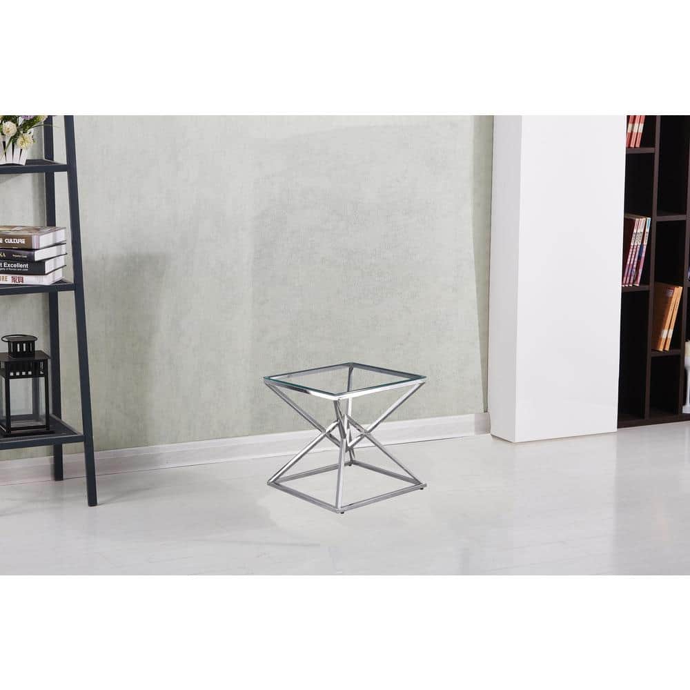 Silver Geometric Stainless Steel and Glass End Table