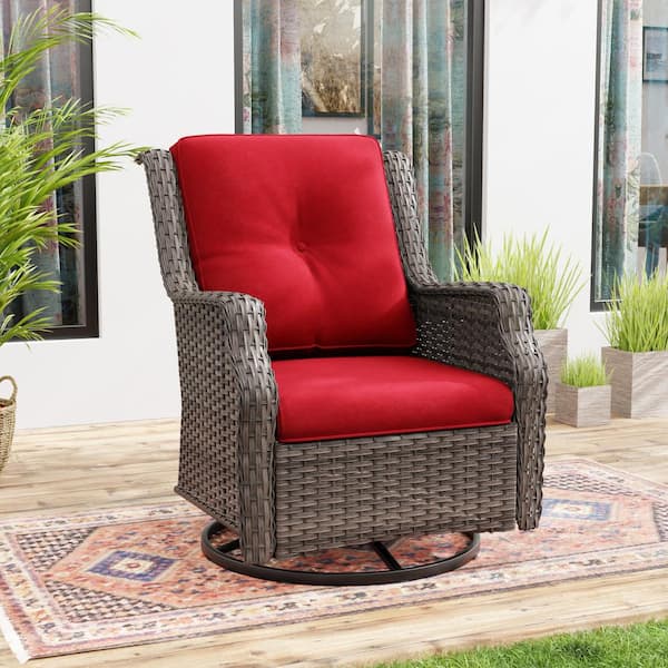 JOYSIDE Wicker Patio Outdoor Lounge Chair Swivel Rocking Chair with Red Cushions
