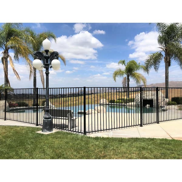 4.84 ft. x 48 ft. Blk Ornamental Space Bar Flat Metal Fence Panel Kit (6 panels,Posts,brackets,Gate)Above Ground Install