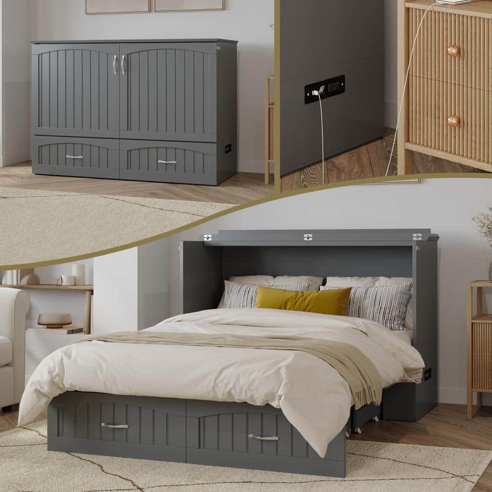 Afi Southampton Murphy Bed Chest with Mattress and Built in Charging Station Grey Full