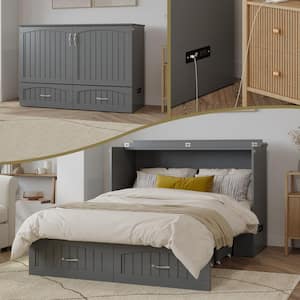 Southampton Full Grey Murphy Bed Chest with Memory Foam Folding Mattress Built-in Charging Station and Storage Drawer