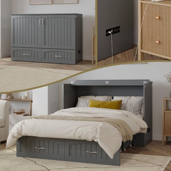 AFI Southampton Full Grey Murphy Bed Chest with Memory Foam Folding Mattress Built-in Charging Station and Storage Drawer