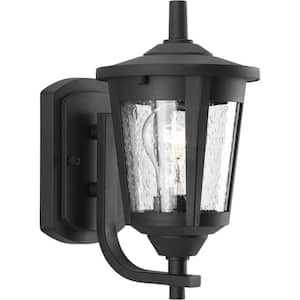 East Haven Collection 1-Light Textured Black Clear Seeded Glass Transitional Outdoor Small Wall Lantern Light