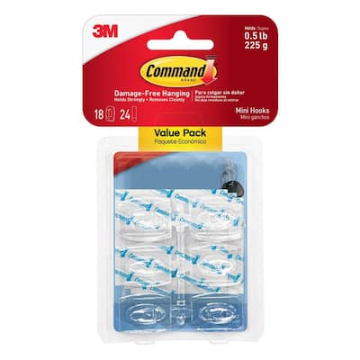 Mini Wall Hooks, Clear, Damage Free Decorating, 18 Hooks and 24 Command Strips