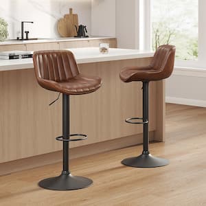 Modern Cognac Faux Leather Swivel Adjustable Height Bar Stools with Black Base Set of 2