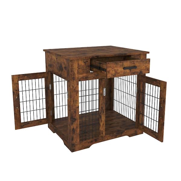 Wood+ Metal Furniture Style Pet Dog Crate with Storage Console End Table  Brown