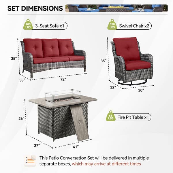 4-Piece Gray Wicker Fire Pit Conversation Set with Olefin Red Cushions and 2 Swivel Glider Chairs and Couch