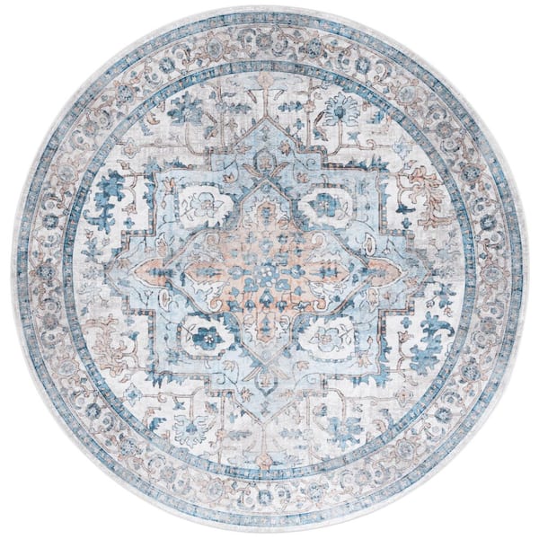 Orlando 7 ft. x 7 ft. Round Blue/Beige Distressed Medallion Washable Area Rug