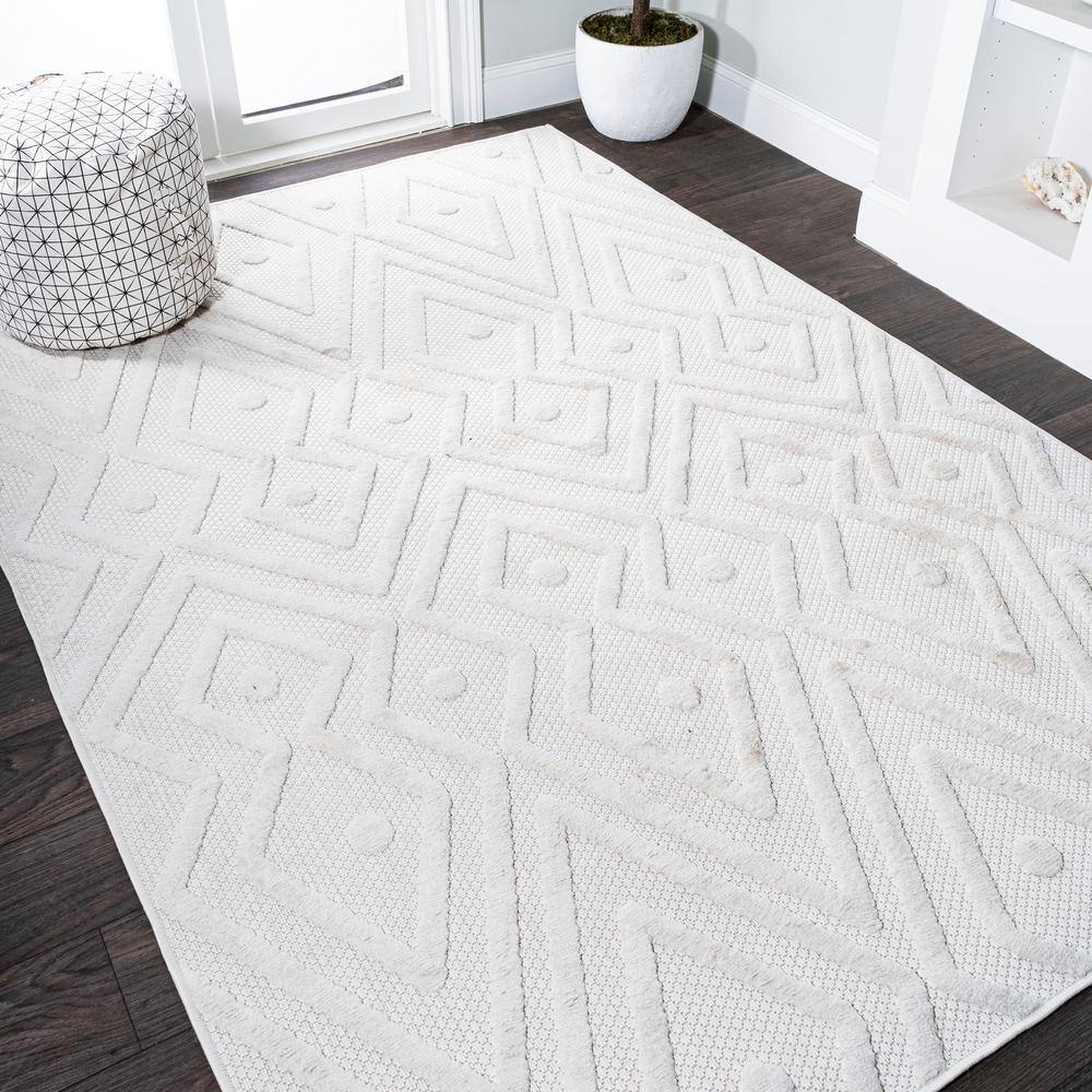 Ivory Geometric Flat Woven Synthetic Rectangular Rug
