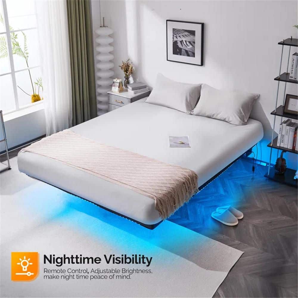 Black Queen Size Floating Bed Frame with Usb Charging Station/Led Light - thumbnail 6