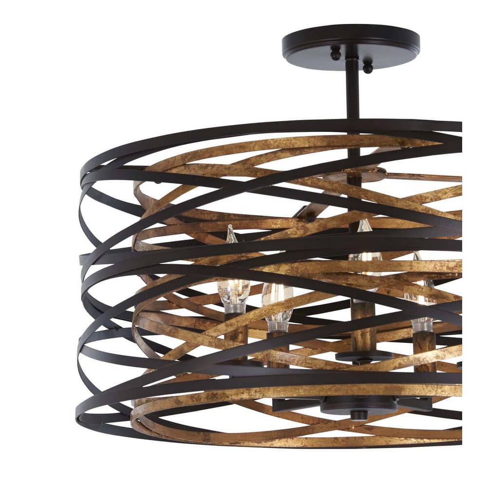 Elegant Vortic Flow Drum Pendant in Dark Bronze with Mosaic Gold Interior, 20"