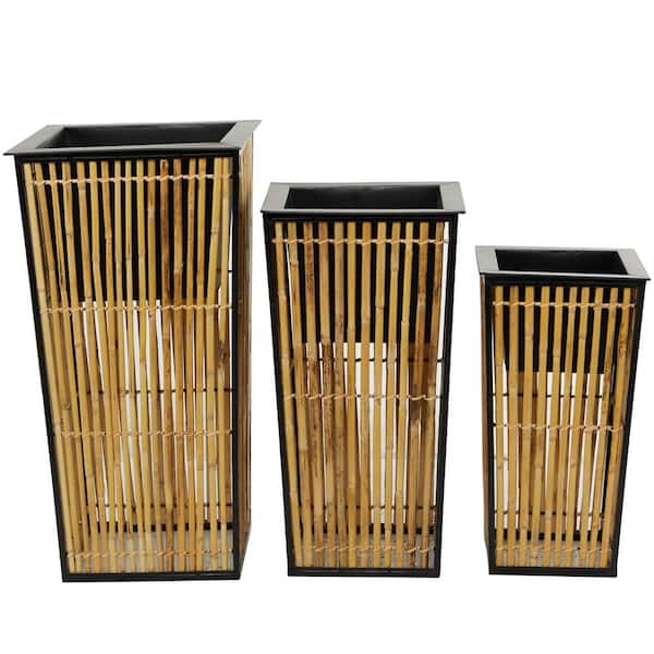 Litton Lane 27 in., 23 in., and 19 in. Large Brown Wicker Handmade Slatted Frame Planter with Black Interior (3- Pack)
