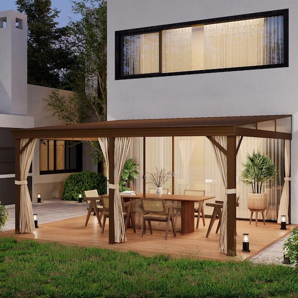 12 ft. x 16 ft. Rectangle Lean to Gazebo Sloping Galvanized Steel Roof Hardtop Gazebo with Curtains and Netting