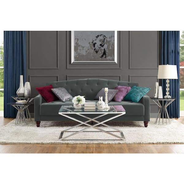Novogratz Vintage Gray Velvet Tufted Sofa Sleeper II