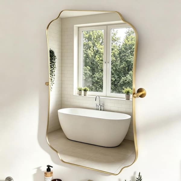 24 in. W x 36 in. H Specialty Wavy Framed Adjustable Tilt Wall Bathroom Vanity Mirror in Brushed Gold