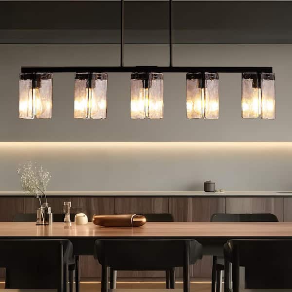 Modern Black 5-Light Linear Island Chandelier with Hammered Glass Shades for Dining Living Room, Kitchen