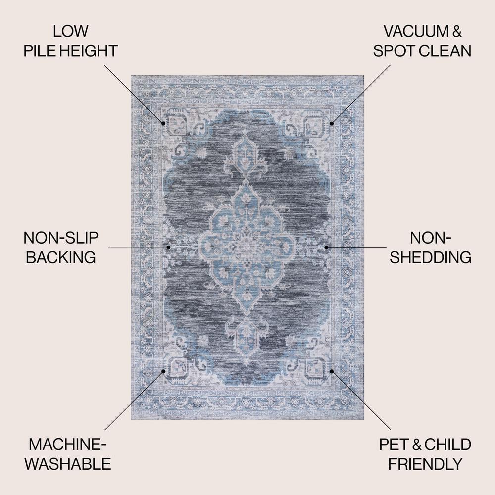 Gray and Blue Chenille Medallion Washable Area Rug