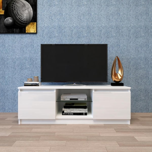 51" TV Stand Unit Cabinet with LED Shelves 2 Drawer Console Furniture White US 