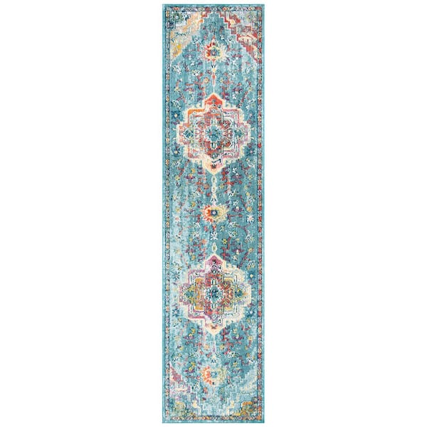Crystal 2 ft. x 13 ft. Teal/Orange Distressed Border Runner Rug