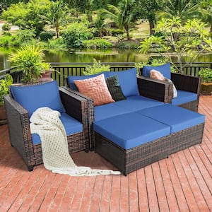 Brown 5-Piece Plastic Wicker Metal Outdoor Sectional Set with Navy Cushions