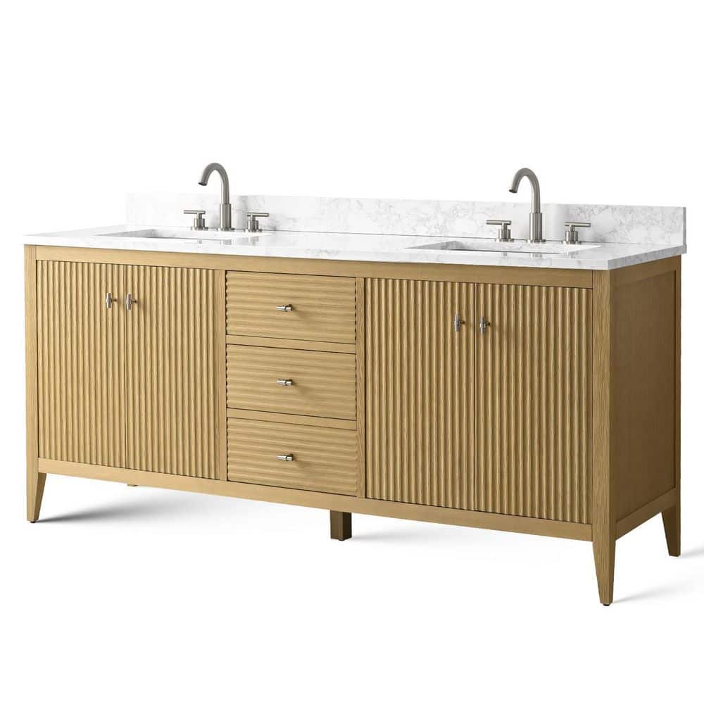 72" Natural Oak Double Sink Vanity with Marble Top