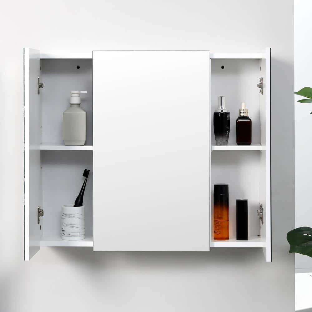 White Wall-Mounted Bathroom Mirror Medicine Cabinet with Adjustable Shelves