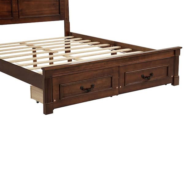 Bed Frame Brown Wood Frame Queen Platform Bed with Storage Drawers and USB Charging Headboard, No Box Spring Needed