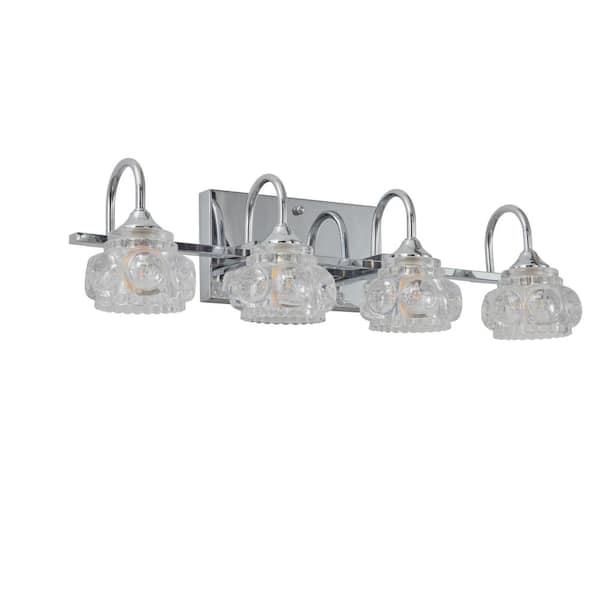 4-Light Chrome Vanity Light with Novelty Flower Crystal Clear Glass Shades and Iron Frame, E26 Bulbs Not Included