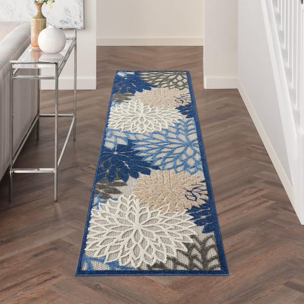 Aloha Blue/Multicolor 2 ft. x 10 ft. Kitchen Runner Floral Modern Indoor/Outdoor Patio Area Rug