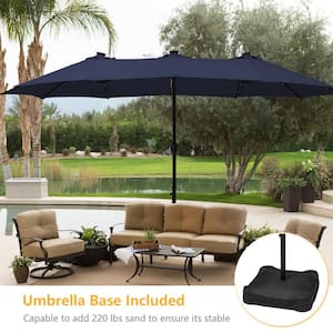 15 ft. Steel Market Outdoor Patio Umbrella in Navy with Base and Solar Lights