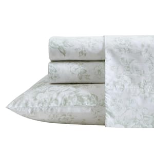 Toile Delight Sage Green 3-Piece Percale Cotton Twin Sheet Set