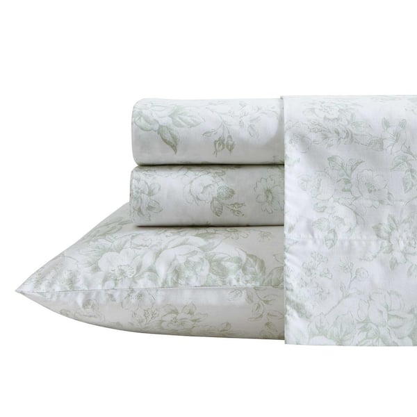 Toile Delight Sage Green 4-Piece Percale Cotton Full Sheet Set