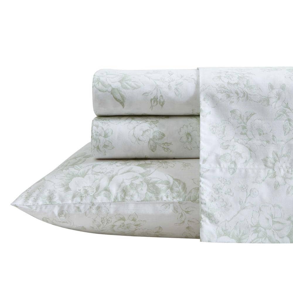 White and Pink Floral Cotton Percale Queen Sheet Set