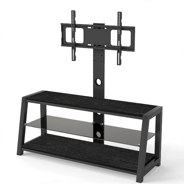 Black Acacia Wood TV Stand Fits TVs up to 32 to 65 in. with Mount and Tempered Glass Shelf