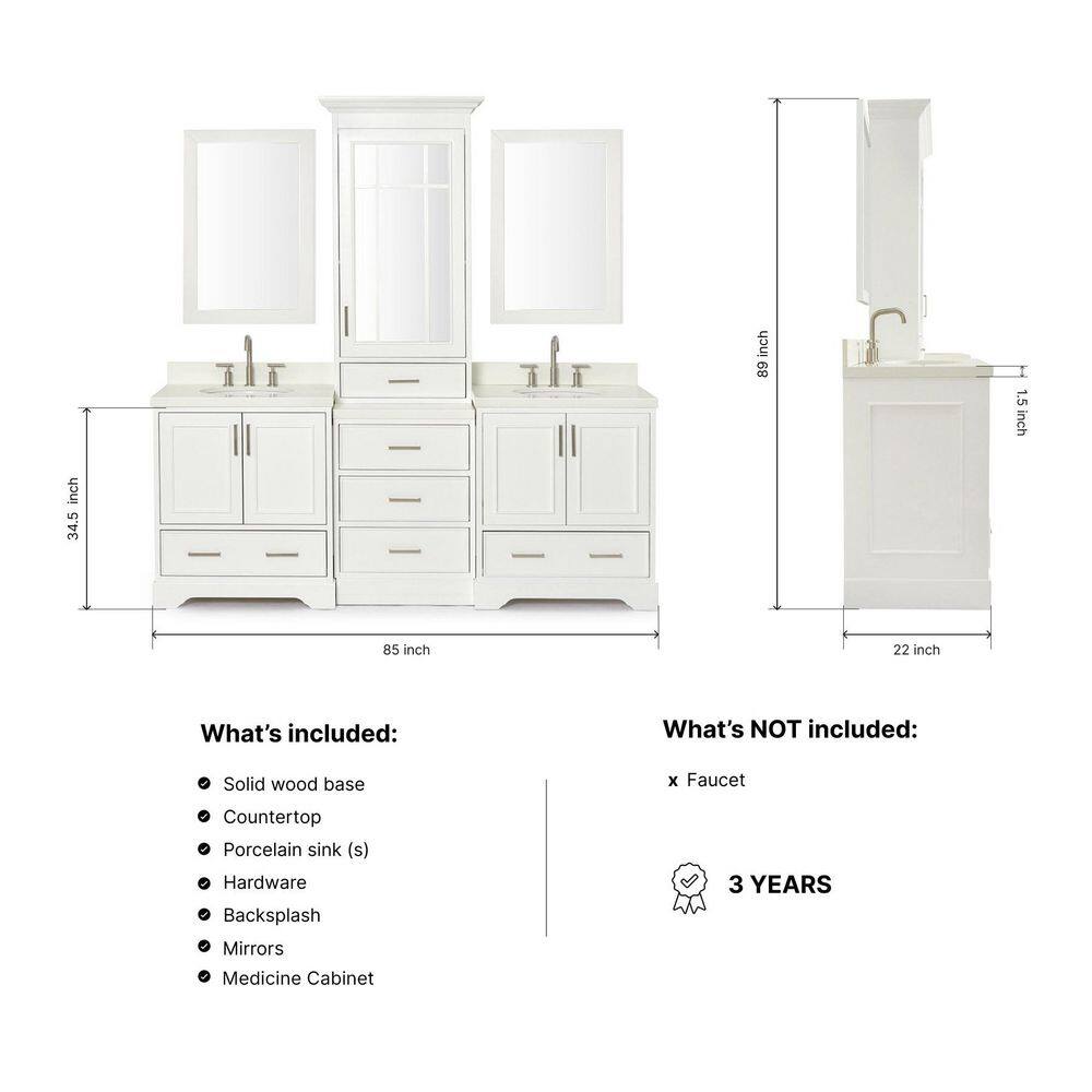 Stafford 85" White Double Sink Vanity Set with Quartz Top