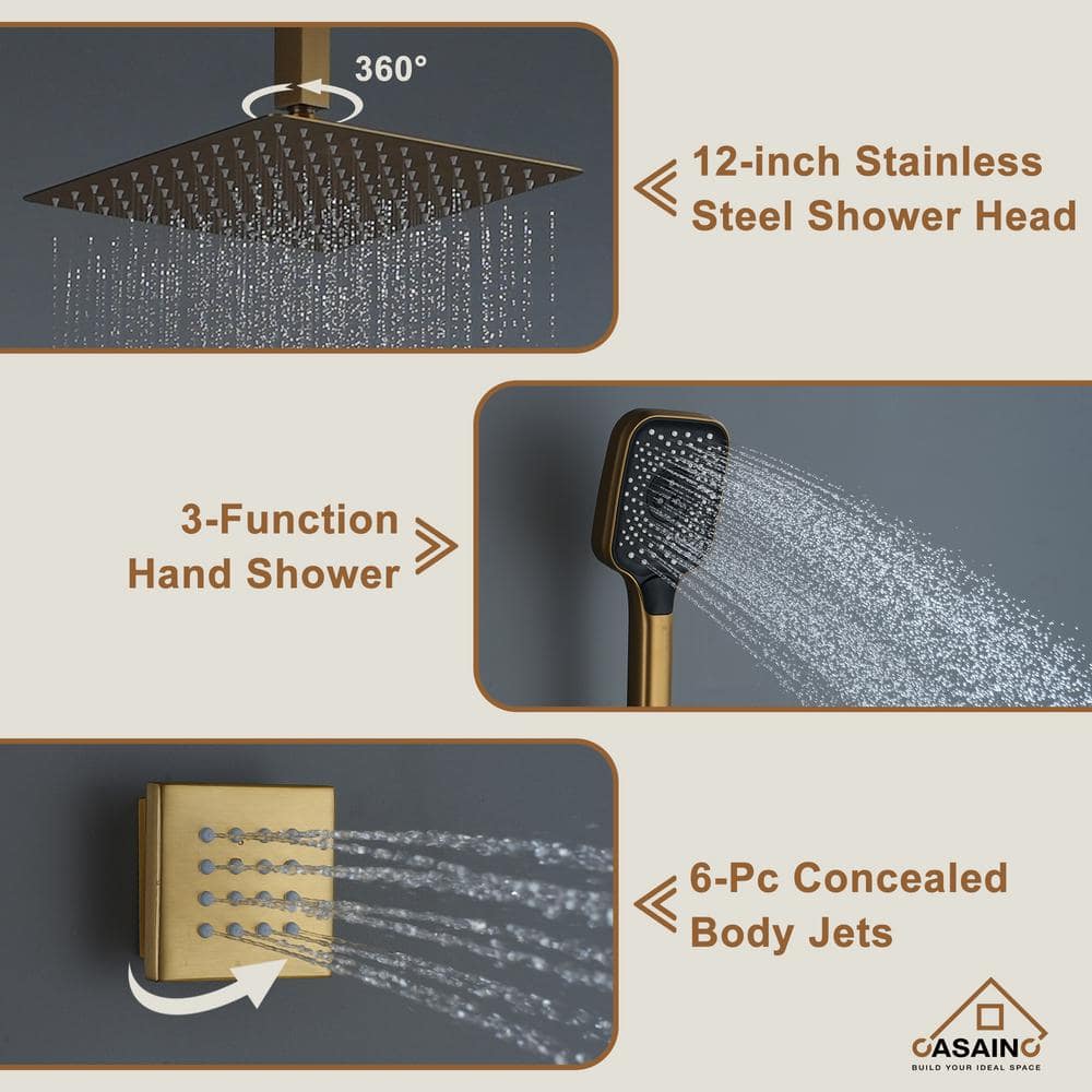 Brushed Gold Multi-Head Ceiling Mounted Shower System with Body Jets
