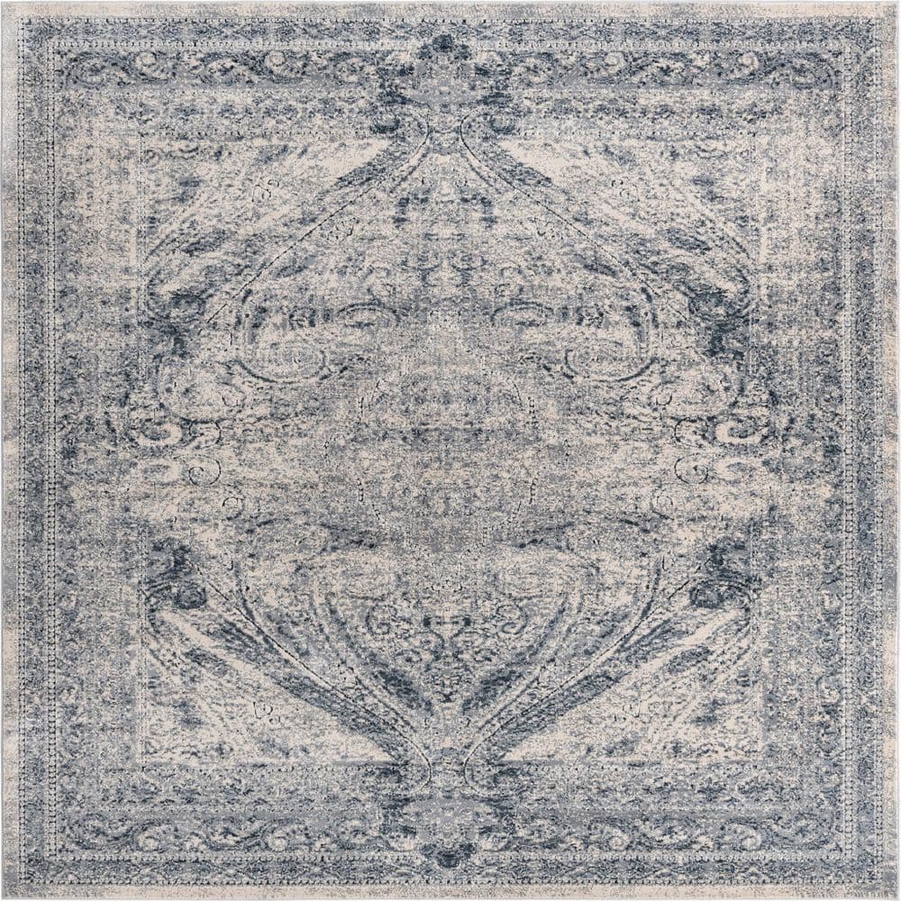 Vintage Navy Blue and Ivory Square Synthetic Rug 7' x 7'