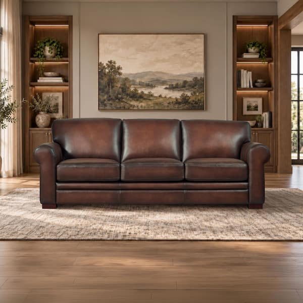 Brookfield 95 in. W Rolled Arm Leather Lawson Straight 3-Seater Sofa in Brown