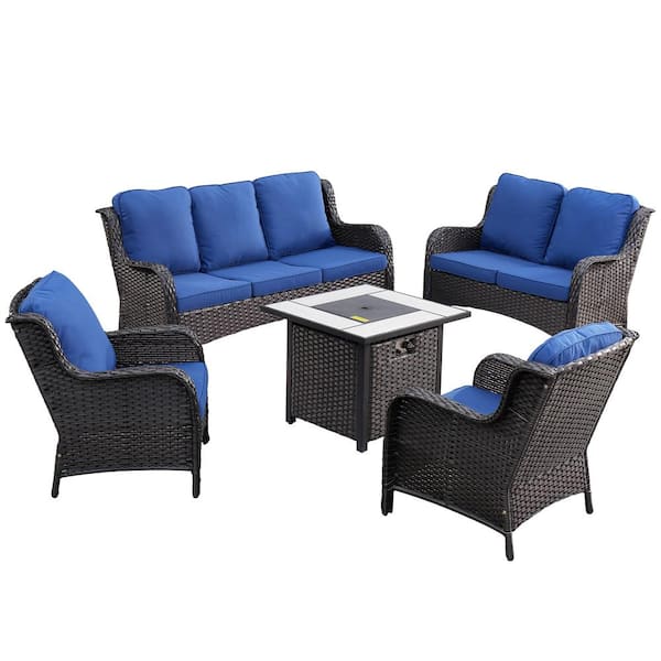 XIZZI Vincent Brown 5-Piece Wicker Patio Fire Pit Outdoor Seating Sofa ...