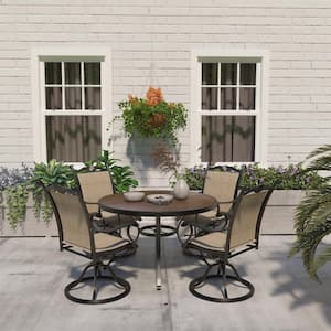 Brown 46 in. Round Cast Aluminum Outdoor Dining Table with Ceramic Tabletop and Umbrella Hole