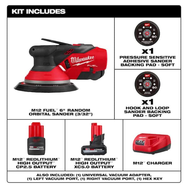 M12 FUEL 12-Volt Li-Ion Brushless Cordless 6 in. Random Orbital Sander Kit (3/32 in) w5. 0Ah, 2. 5Ah Batteries, &Fan