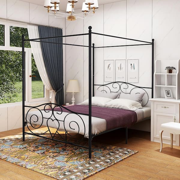 GOJANE 83.50 in. W Black Queen Metal Platform Bed with Vintage Style Headboard and Footboard