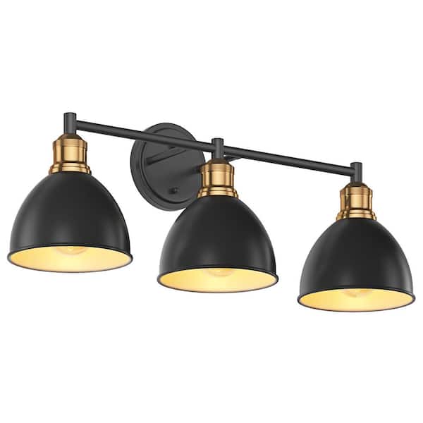 aiwen Industrial 24.46 in. 3-Light Black Wall Mounted Vanity Lighting Over Mirror with and Gold Finish
