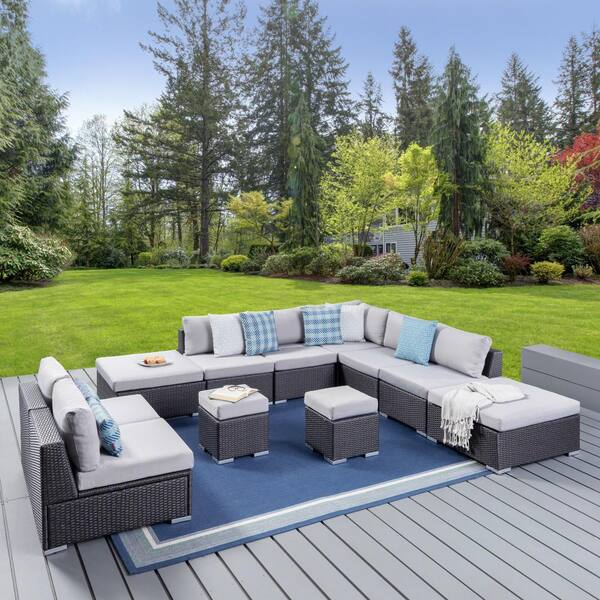 Noble House Santa Rosa Grey 11-Piece Wicker Outdoor Sectional Set with Silver Cushions
