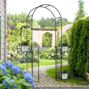 84 .8 in. H Metal Arch Trellis Garden Arbor with Gate for Climbing Vines, Wedding Ceremony Decoration, Black