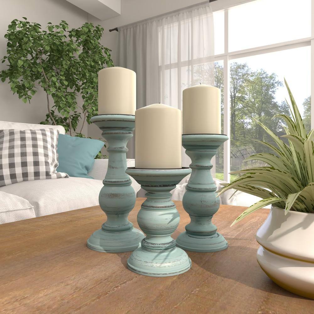 Light Blue Mango Wood Pillar Candle Holder Set, 6", 8", 10"