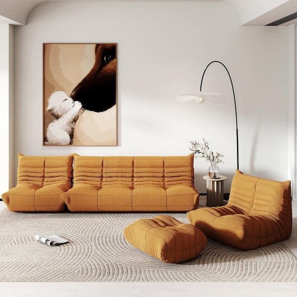 Magic Home (Set of 4) Brown Teddy Velvet Polyester Large 45-72 in. Bean Bag Fireside Sofa Floor Couch with Lounge Chairs, Ottoman