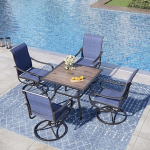 Black 5-Piece Metal Outdoor Dining Set with Square Patio Table and Swivel Padded Blue Textilene Outdoor Dining Chair