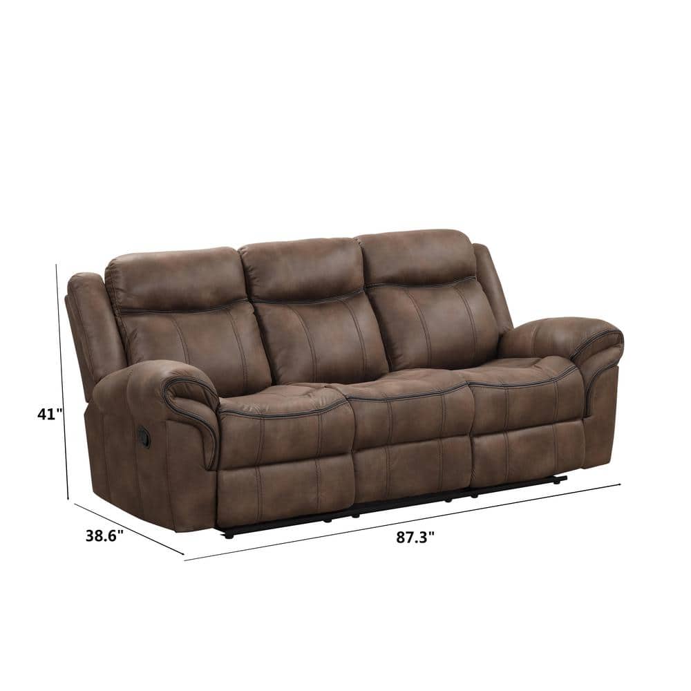87" Brown Suede Reclining Sofa with Cup Holders