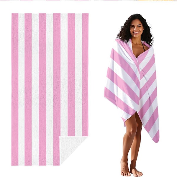 Pink Microfiber Cabana Stripe Beach Towel 30 in. x 60 in.